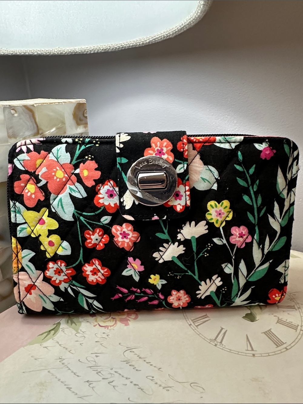 Vera Bradley Black Quilted Floral Wallet with Multicolor Blooms